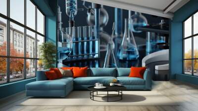 Various glass chemical laboratory equipment with black blue shades in chemistry lab, 3d render Wall mural