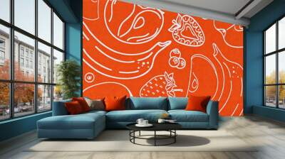 background of orange cardboard box with line art style fruits. abstract creative food in minimalism  Wall mural