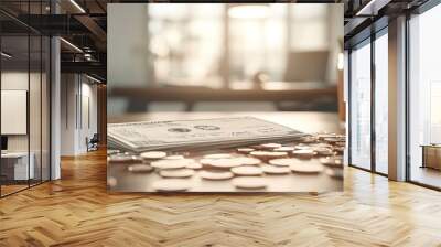 Celebrating Payday - Exciting 3D Rendering of Paycheck on Desk Surrounded by Scattered Coins Wall mural