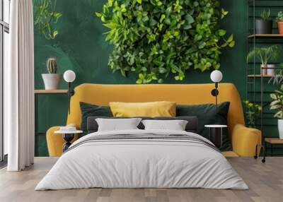 Sustainable Interior Design with Indoor Green Wall Featuring Organic Plants and Flat Design Element Wall mural