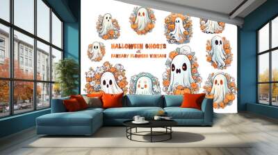 Halloween ghosts with fantasy flowers vintage set. Wall mural