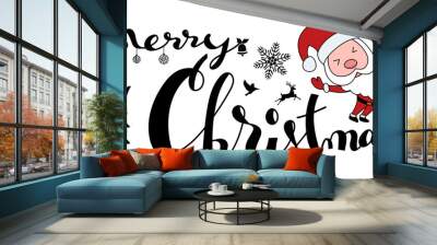 Merry Christmas lettering with happy Santa and accesory. Wall mural