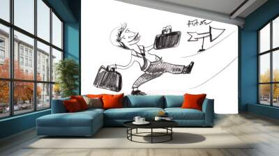 Sketch drawing of business man holding two bag enthusiastically Wall mural