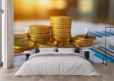 A pile of gleaming gold coins and bars resting on financial reports Wall mural