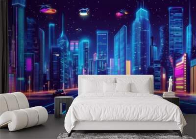 A sprawling futuristic city skyline with towering glass skyscrapers Wall mural