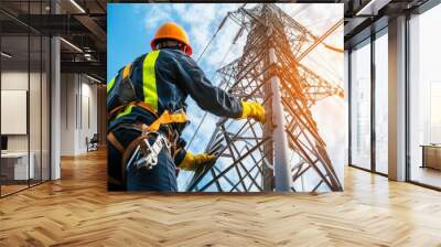 Man in safety gear working on a high-voltage tower Wall mural