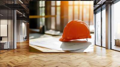 Safety helmet placed on top of blueprints on a construction table, bright sunlight. Industrial site background Wall mural