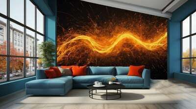 Dark digital abstract background wallpaper with orange waves and particles of light, unique graphic design. AI Generated Wall mural