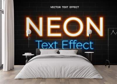 neon light editable text effect with orange and blue color Wall mural