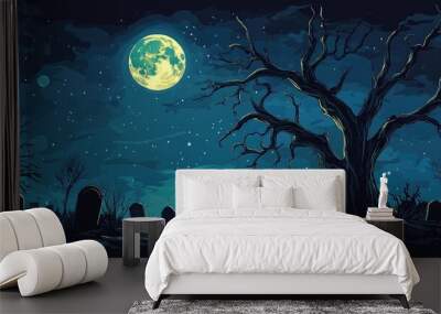 Creepy graveyard under moonlit sky Wall mural