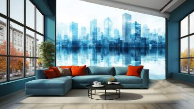 Futuristic city skyline reflected in water Wall mural