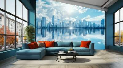 Futuristic city skyline reflected in water Wall mural