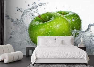 green apple with water splash isolated on white background Wall mural