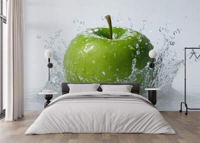 green apple with water splash isolated on white background Wall mural