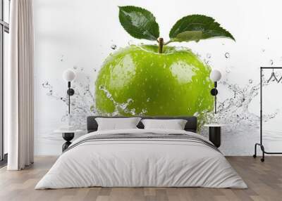 green apple with water splash isolated on white background Wall mural