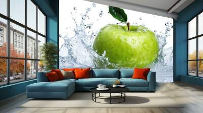 green apple with water splash isolated on white background Wall mural