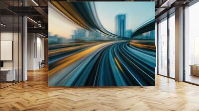 Speeding train passing through urban landscape Wall mural