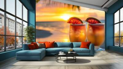 summer cocktails on luxury tropical beach resort at sunset exotic summer drinks Wall mural