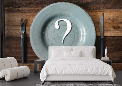 top view of a table set of cutlery with symbol of question mark in a plate. concept off diet and where or what to eat. Wall mural