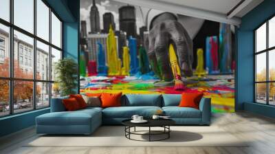 Businessperson painting vibrant colors on grayscale cityscape, creative vision in commerce Wall mural