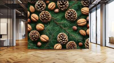 Christmas background with pine cones, nuts and fir branches. Wall mural