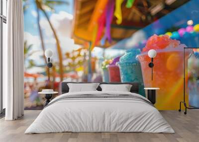 Colorful shave ice stand in Hawaii, tropical refreshment, with copy space Wall mural