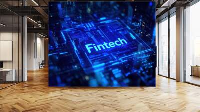 Fintech being selected on a gesture-controlled holographic display, with copy space Wall mural