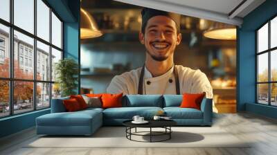 Proud smile of a chef, warm kitchen lighting, with copy space Wall mural