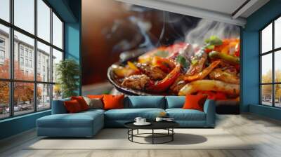 Sizzling fajitas on cast iron skillet, Tex-Mex specialty, with copy space Wall mural