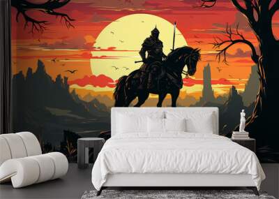 flat silhouette illustration of a knight in armor against the background of a battlefield Wall mural