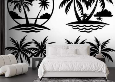 Palm tree with beach silhouette black vector art illustration full black 4 set Wall mural