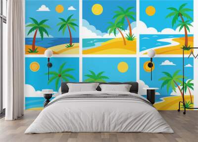 Tropical beach with palm trees colorful vector art Wall mural