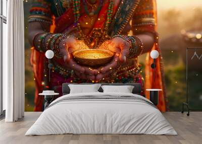 Power of hope or love and devotion. Namaste or Namaskar hands gesture 3d render Wall mural