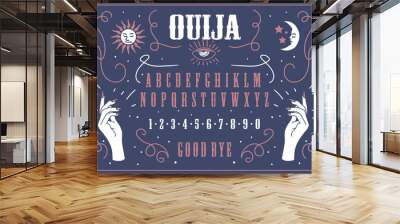 Ouija pentagram board blue colour. Halloween divination. Woman Hand and Long nails. Numbers and alphabet. Sun and moon. Retro poster design. Vector illustration. Wall mural