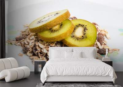 Muesli cereals bowl and spoon with almond, pine nuts, walnut, ra Wall mural