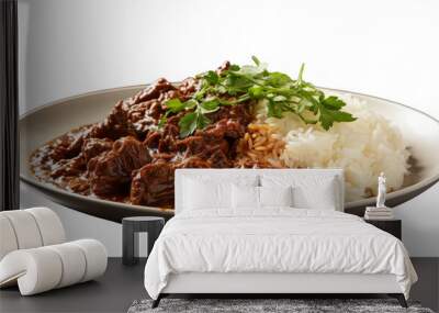 Close Up of Beef Stew With White Rice and Parsley Garnishing Wall mural