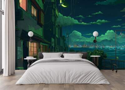 anime scenery of a street with a moon and a building Wall mural