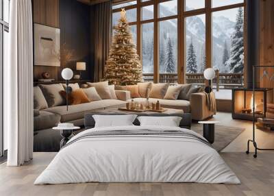 AI-generated image of winter luxury Chalet with Christmas decorations, and plush furnishings, with a view from an open-concept window of a snow-covered mountain Wall mural