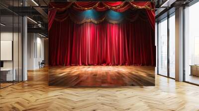 A red curtain hangs in front of a stage Wall mural