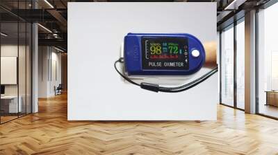 Pulse oximeter with hand of patient isolated on white background. Pulse Oximeter portable digital device to measure person's oxygen saturation. The concept of medicine, healthcare and science Wall mural