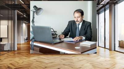 Middle age old business executive with moustache wearing suit and tie writing with pen at his office workstation. Wall mural