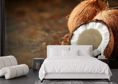 Fresh Whole and Halved Coconut on Rustic Background for Healthy Eating Concept Wall mural