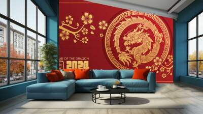 2024 Chinese new year, year of the dragon banner template design with dragons, clouds and flowers background. ( translation: Happy new year ) Wall mural