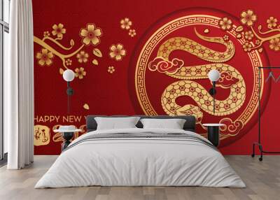 Lunar New Year themed paper graphic with oriental peach blossoms and 2025 snake (Translation : Happy new year )	 Wall mural