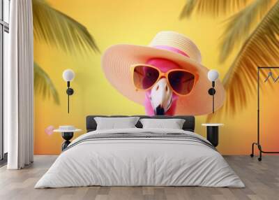 A bright pink flamingo is dressed up with a straw hat and sunglasses, set against a tropical background of palm trees, capturing the essence of a fun and sunny vacation. Wall mural