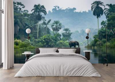 An elephant wanders through a serene landscape with foggy tropical backdrop, showcasing the tranquil beauty of nature Wall mural