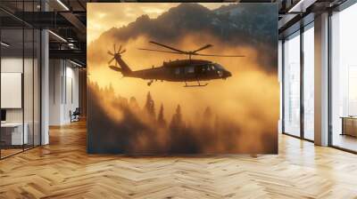 Helicopter Flying Over Mountain Landscape at Sunset Wall mural