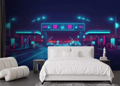 Neon Nighttime Highway Scene with Toll Booths Wall mural