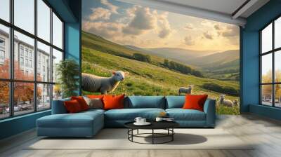 Serene Green Pasture with Sheep Under a Beautiful Sky Wall mural