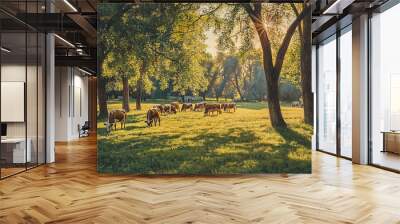 Serene Pastoral Scene with Cattle Grazing Under Sunlit Trees Wall mural